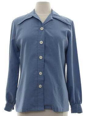 Vintage Style LeSoftShirt Blue Polyester Button Front Blouse Womens Medium